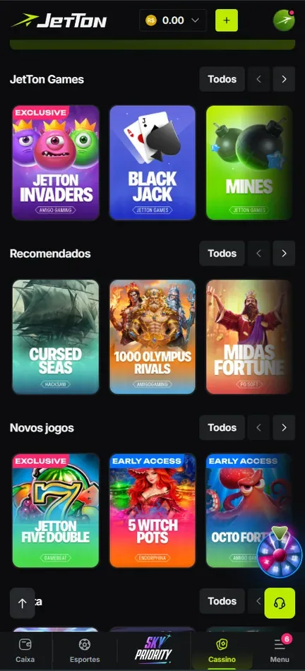 Fileira JetTon Games no lobby, com Jetton Invaders, Black Jack e Mines