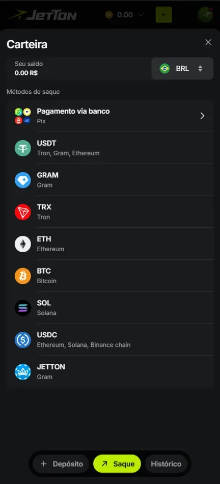 Aba Saque da carteira, com Pagamento via banco (Pix) e opções em criptomoeda